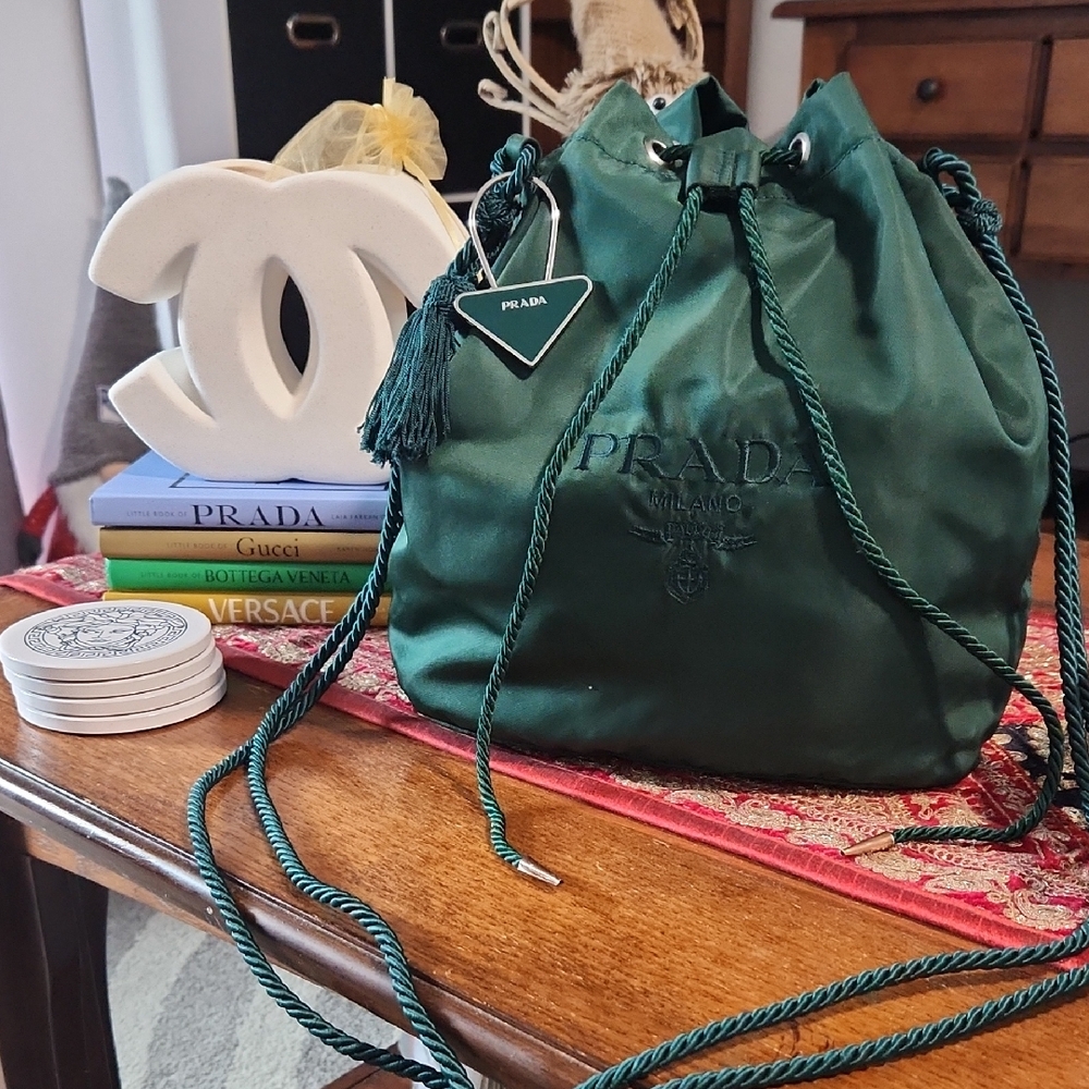 Prada Vintage Green Drawstring Bag And Charm